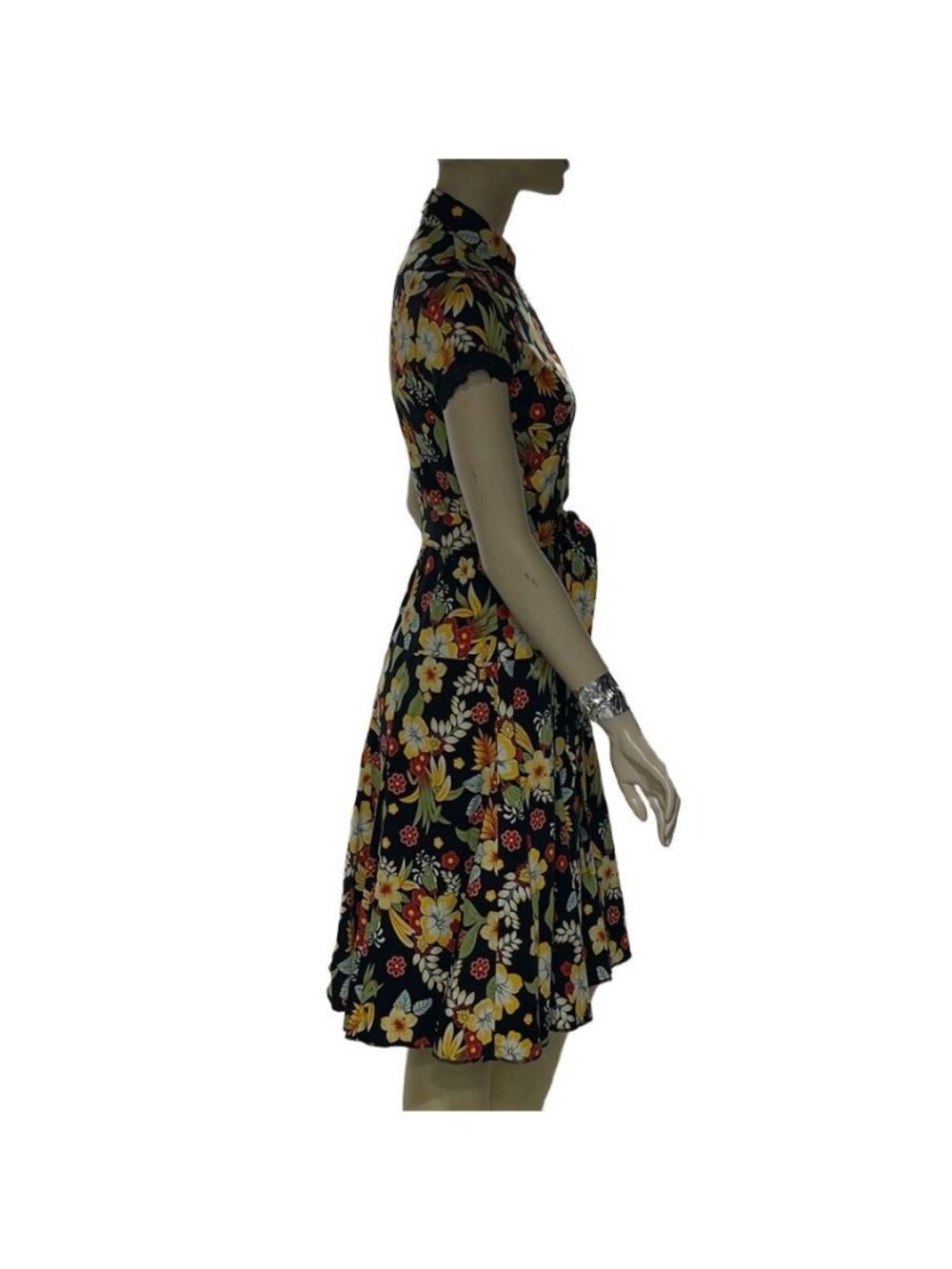 Floral Short Sleeve Collared A-Line Dress With Belt Size 10 By Id~Dio - Picture 3 of 16